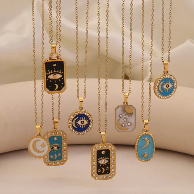 Vintage enamel round block pendant moon star evil eye stainless steel necklace