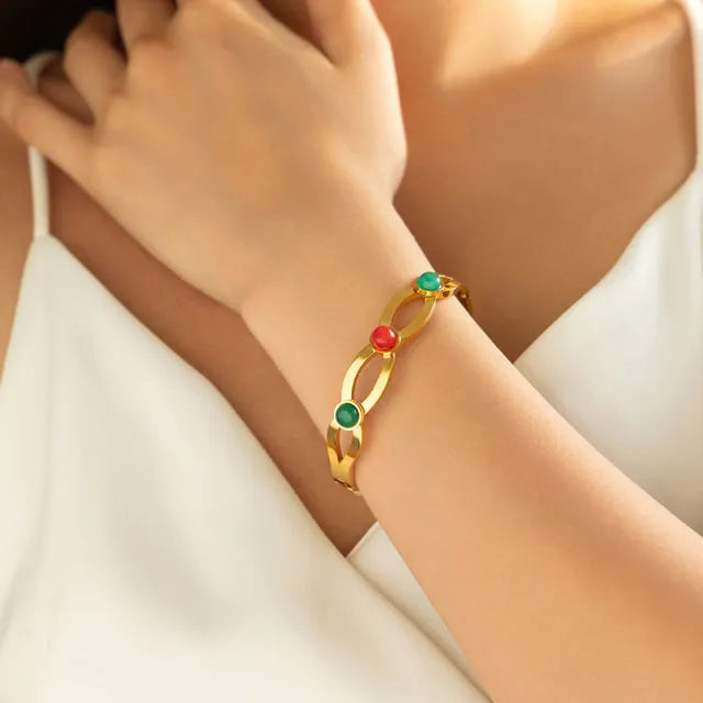 Vintage natural stone turquoise stone inlaid stainless steel bangle bracelet