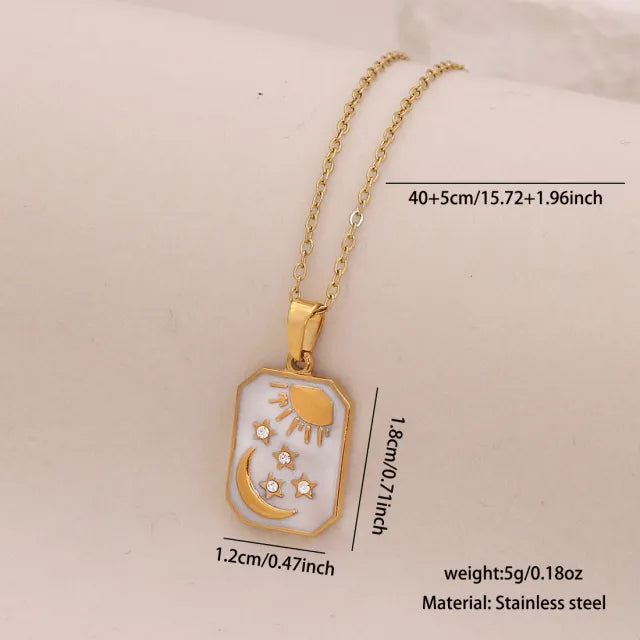 Vintage enamel round block pendant moon star evil eye stainless steel necklace