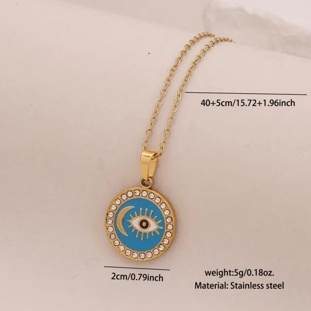 Vintage enamel round block pendant moon star evil eye stainless steel necklace