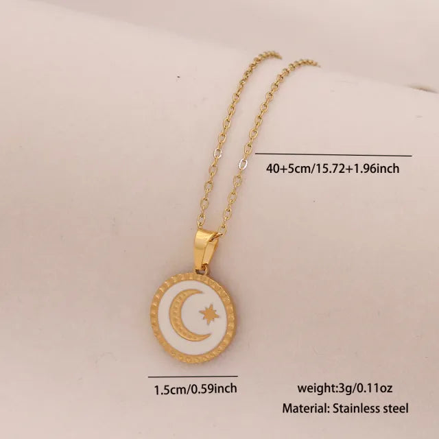 Vintage enamel round block pendant moon star evil eye stainless steel necklace