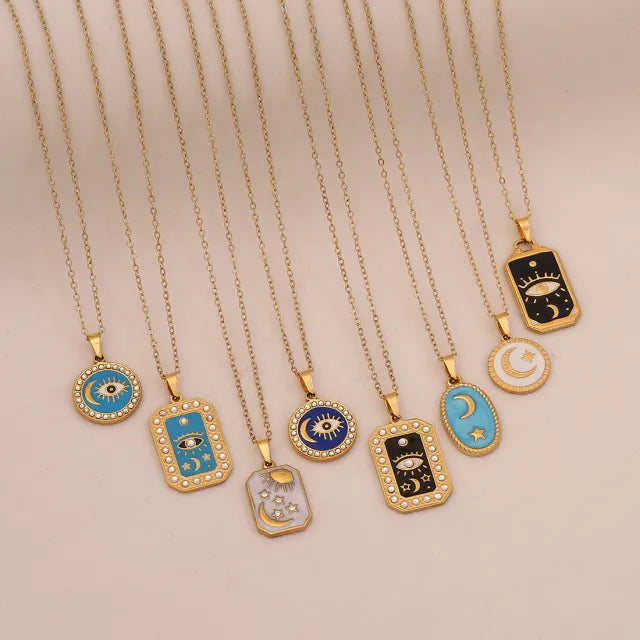 Vintage enamel round block pendant moon star evil eye stainless steel necklace