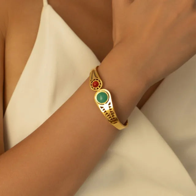Vintage natural stone turquoise stone inlaid stainless steel bangle bracelet