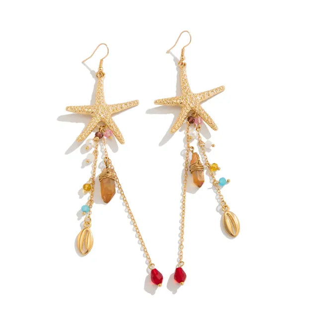 Ocean series starfish shell tassel long earrings