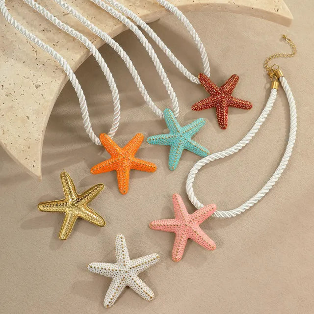 Ocean Style Vacation Exaggerated Colorful Starfish Stainless Steel Necklace thick rope choker necklace