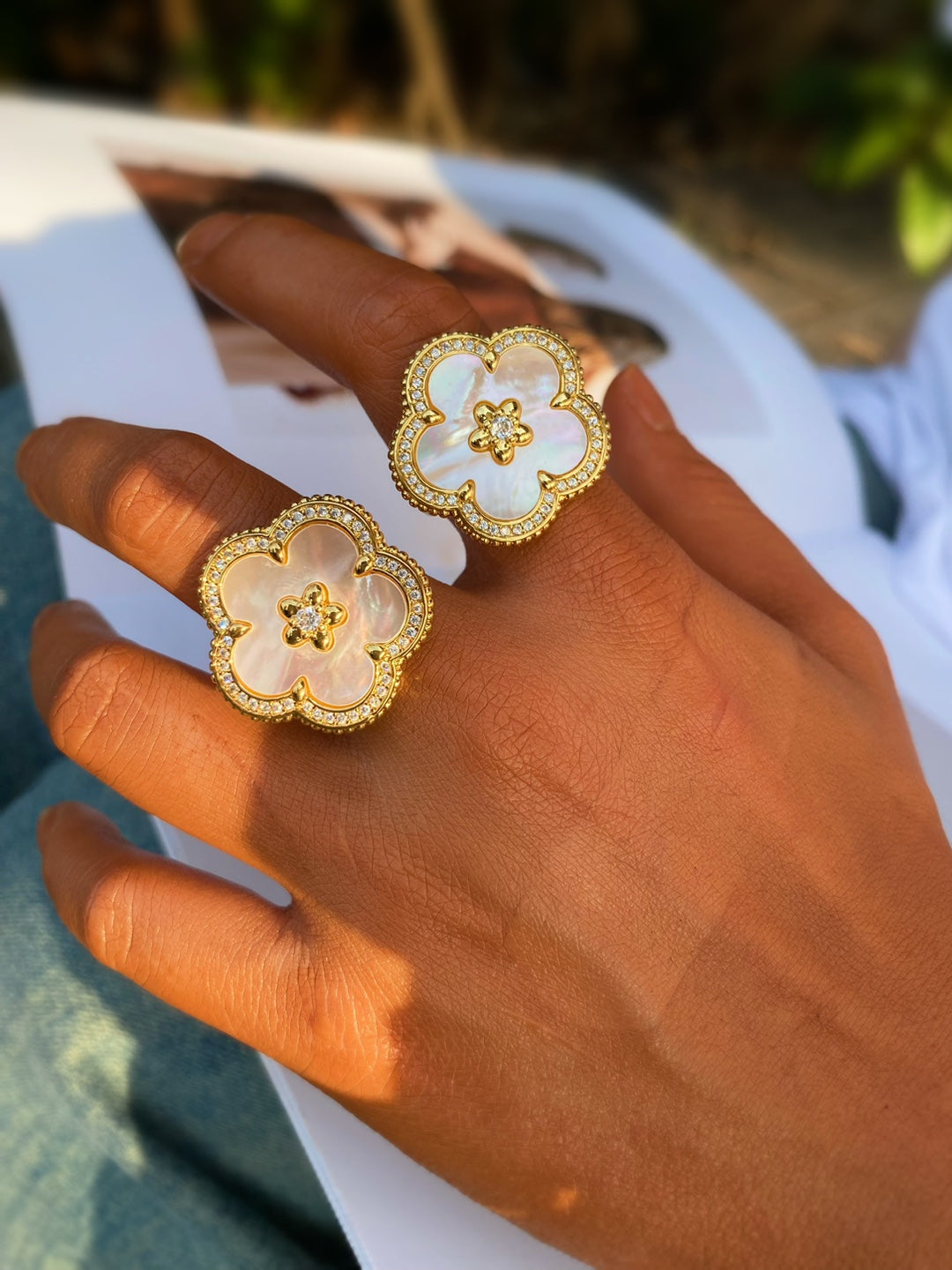 Natural Fritillaria Plum Blossom Ring Bracelet gold plated copper mother shell rings bangle suit
