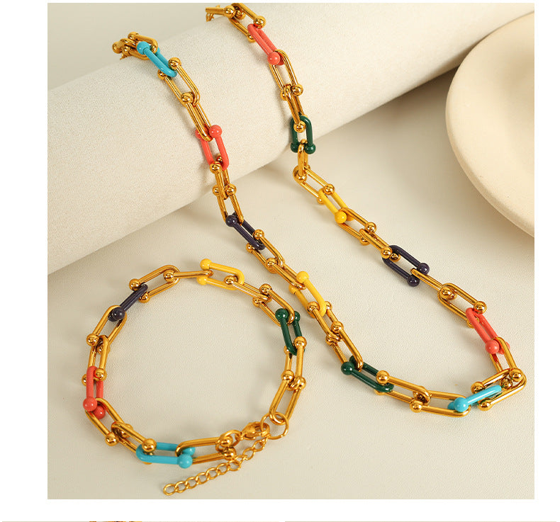 Colorful enamel stainless steel chain necklace bracelet set