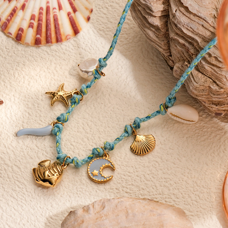 Beach Style Colorful Braided rope chain stainlss steel fish shell charms Necklace