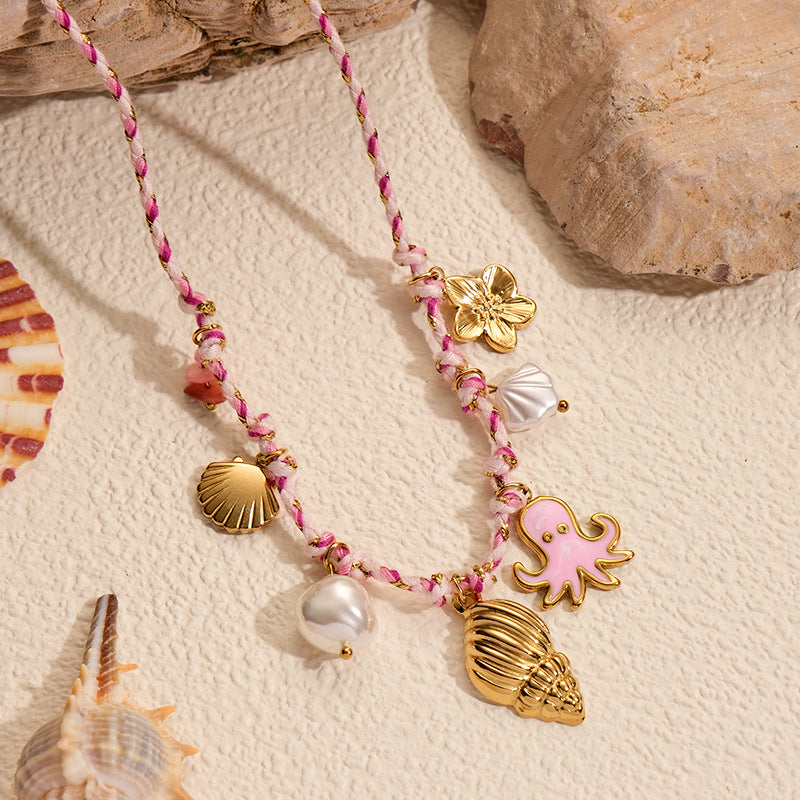 Sweet pink ocean charms braid rope chain stainless steel necklace
