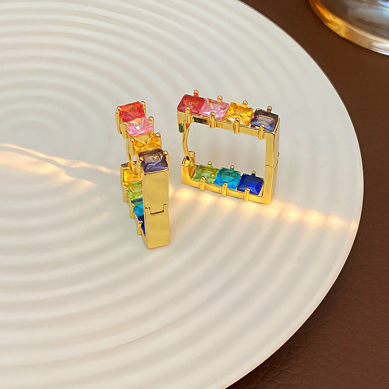 Rainbow cubic zircon square shape copper huggie earrings