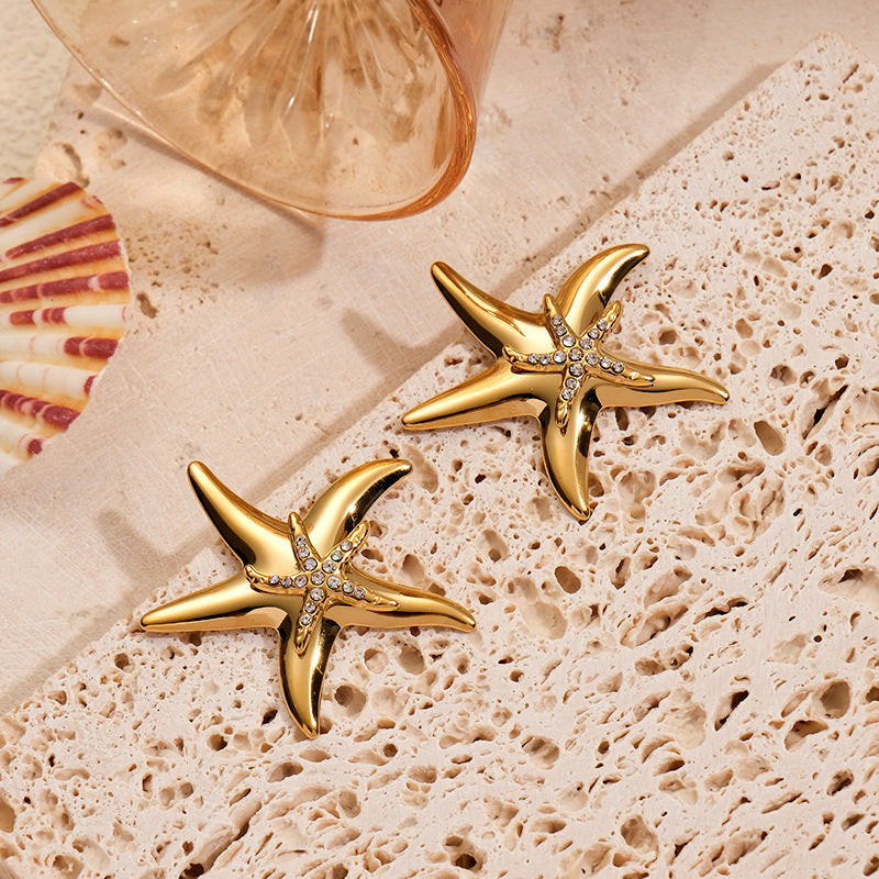 Summer ocean series diamond starfish stainless steel earrings