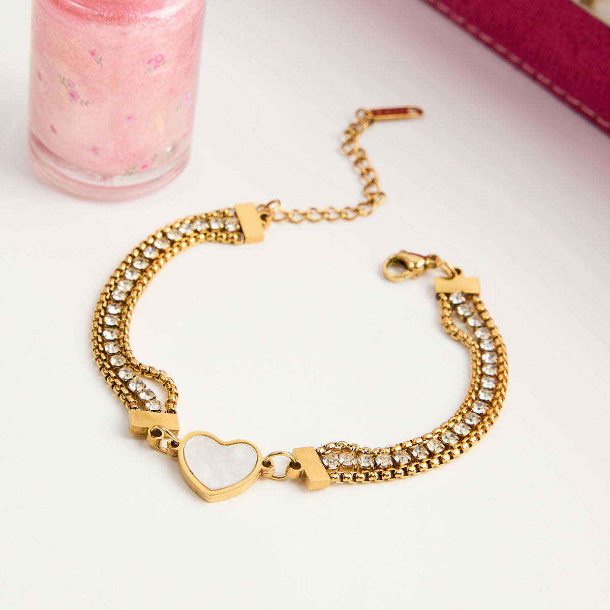 18K Gold Stainless Steel Shell-Shaped Heart with White Zircon Three-Layer Chain Bracelet