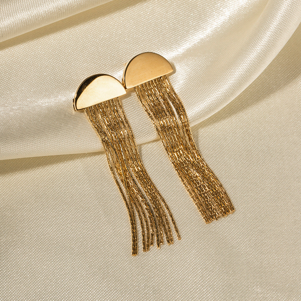 16K semicircle chain tassel stainless steel earrings