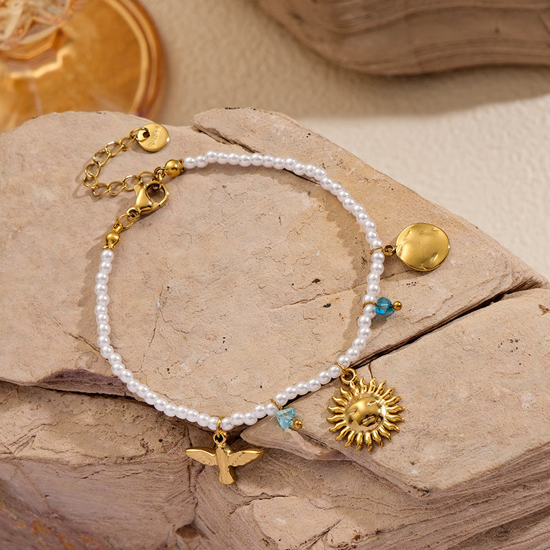 Shell Beads Smiley Face Sun coin charm Beaded Summer Vacation Bracelet stainless steel bracelet
