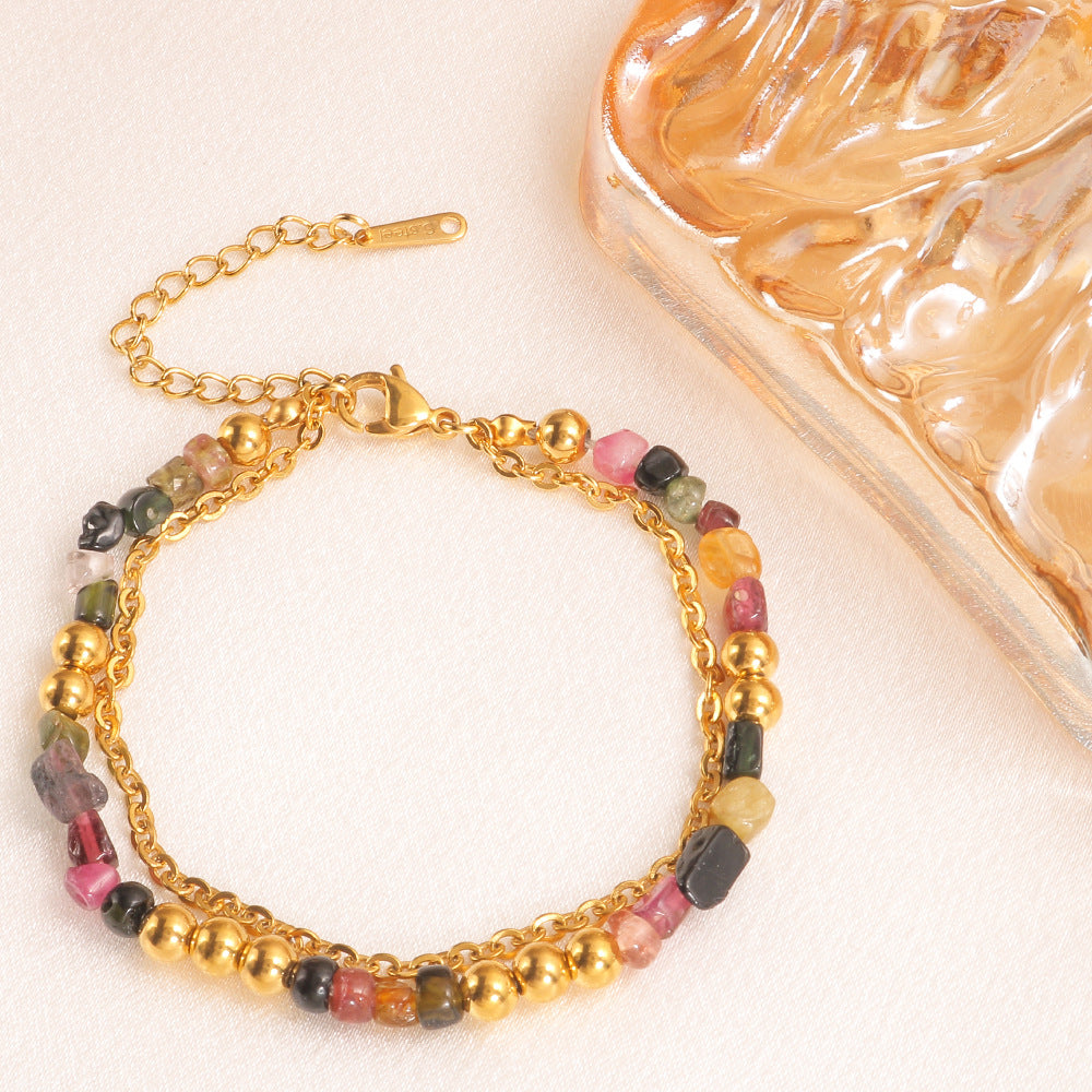 Two layer colorful Tourmaline bead stainless steel bracelet