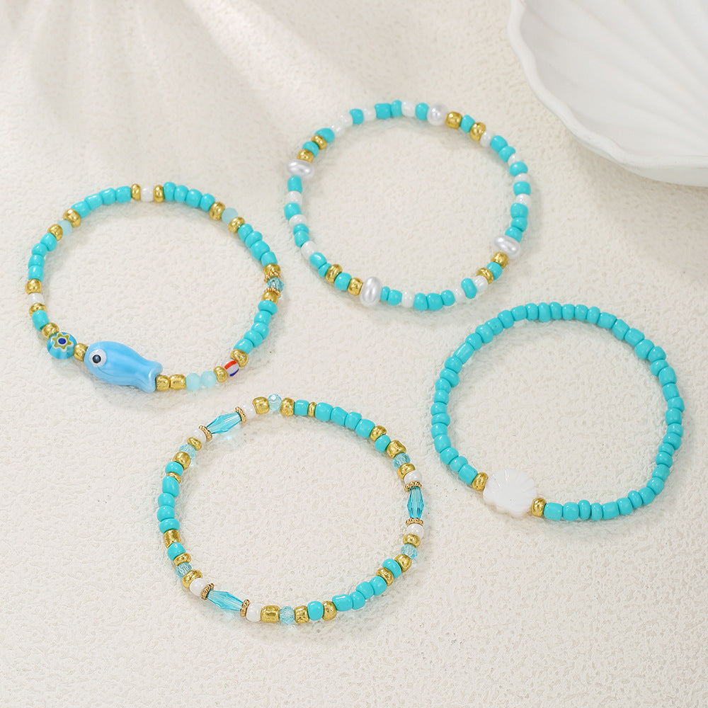 Bohemian Beach Vacation Bracelet Summer Ceramic Fish Shell Rice Bead Bracelet Multi-Layer Stacked Bracelet