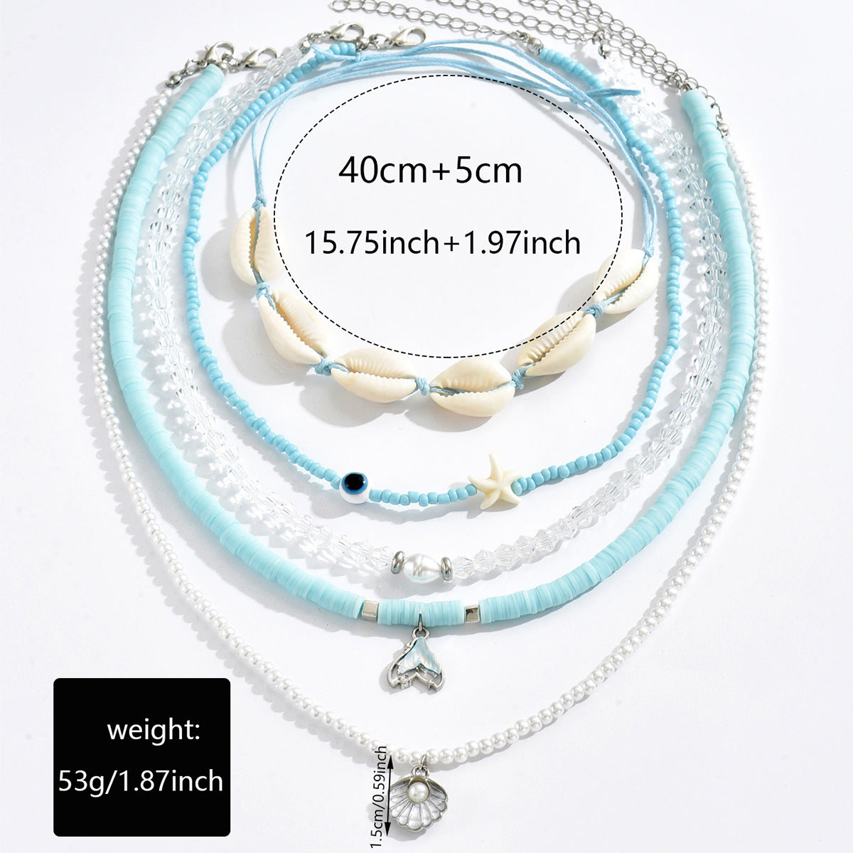 5pcs set Summer Fashion Blue Beaded Necklace Shell Design Necklace Set