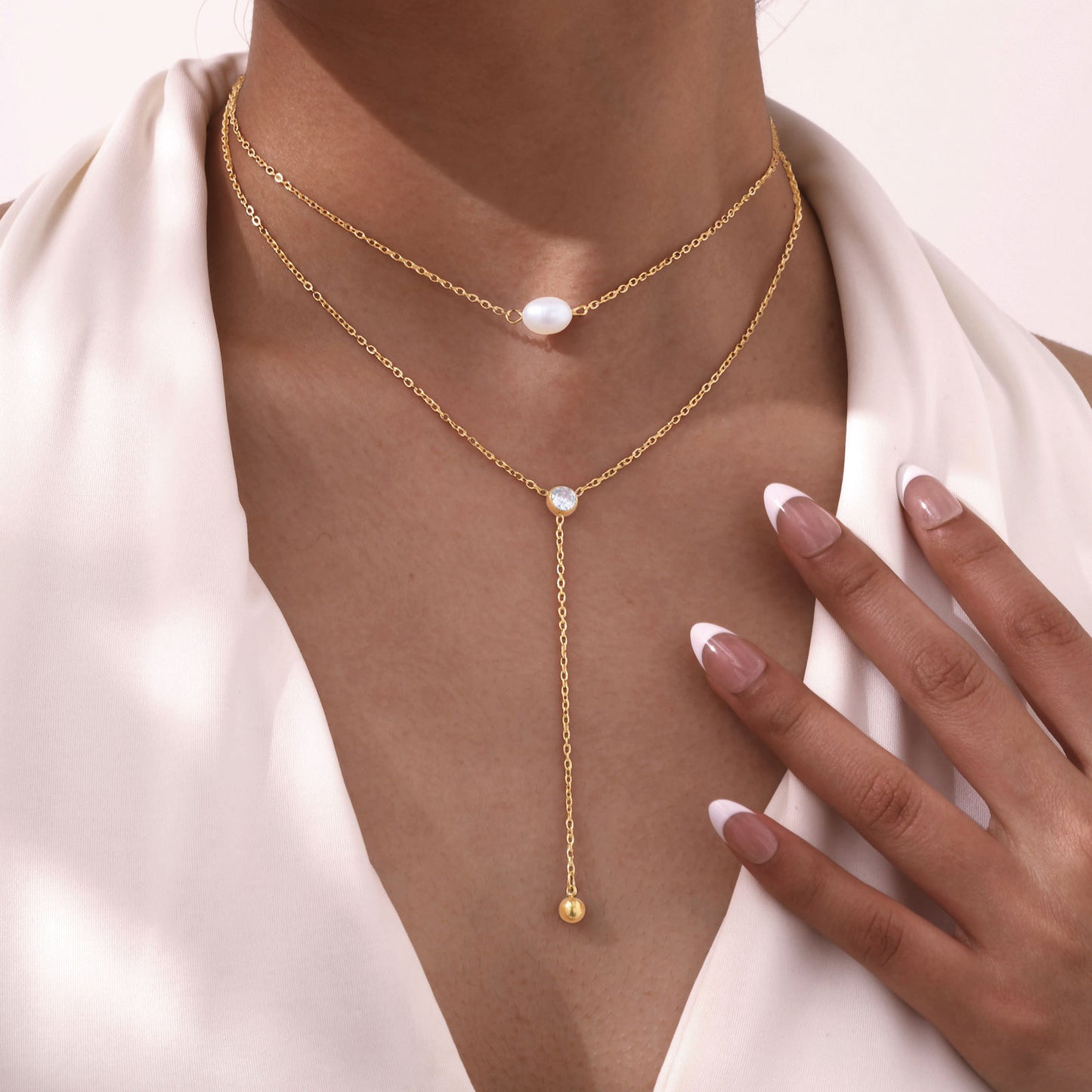 Dainty two layer pearl cubic zircon stainless steel necklace