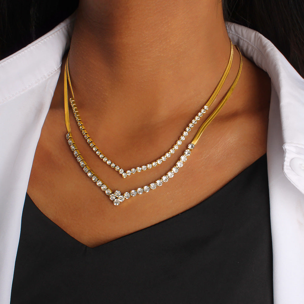 Luxury cubic zircon inlaid snake chain stainless steel necklace