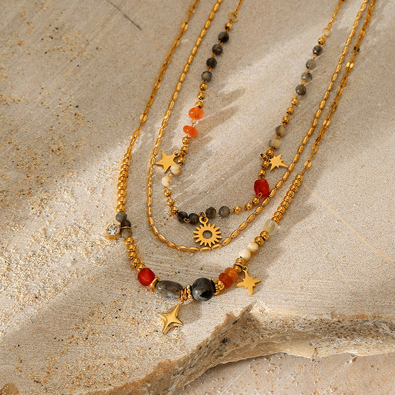 Multi-layer Color Natural Stone Star Sun Pendant Necklace stainless steel necklace