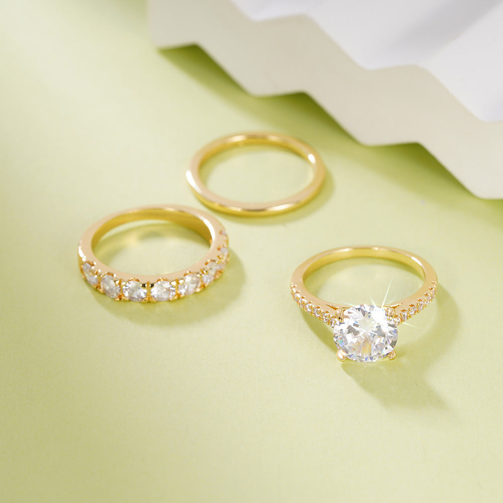 Temperament Ring Three-piece Set Inlaid Zircon Elegant Diamond Ring Wedding Party Collocation Ring