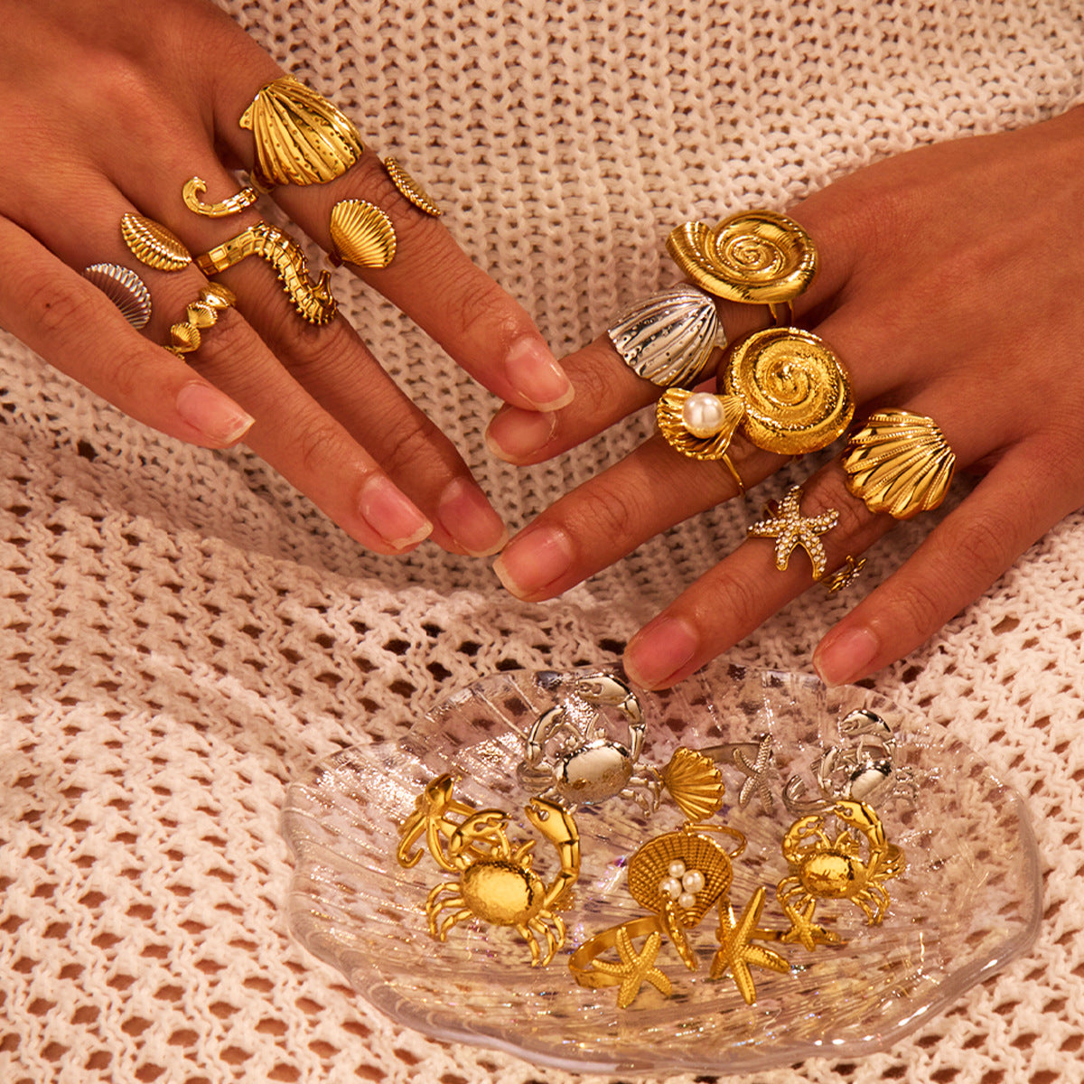 Ocean Style Summer Metallic Stainless Steel Ring Starfish Shell Simple Hand Jewelry Wholesale