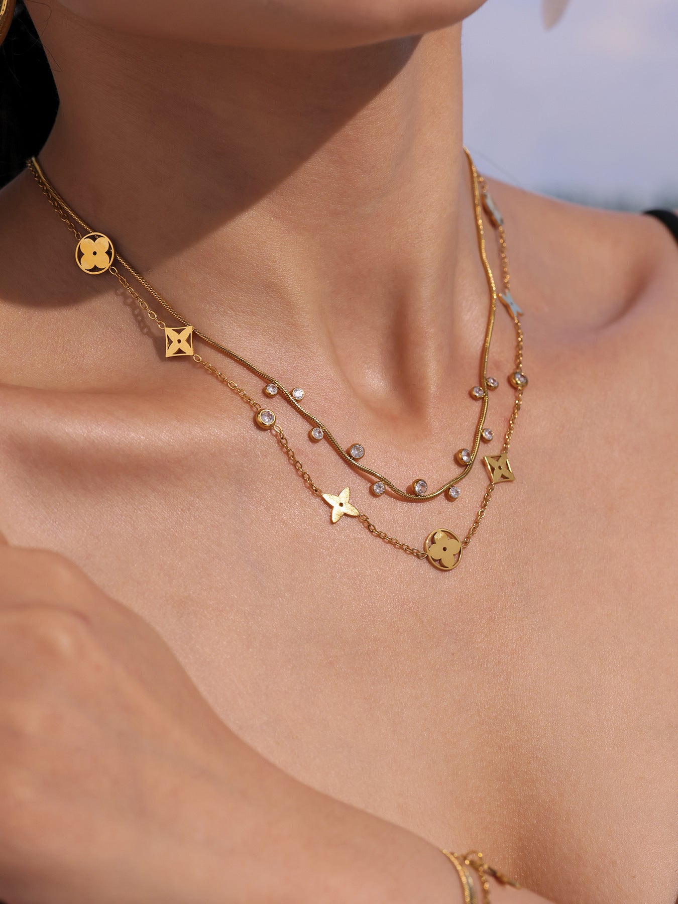 5A cubic zircon diamond necklace hollow clover chain necklace stainless steel necklace