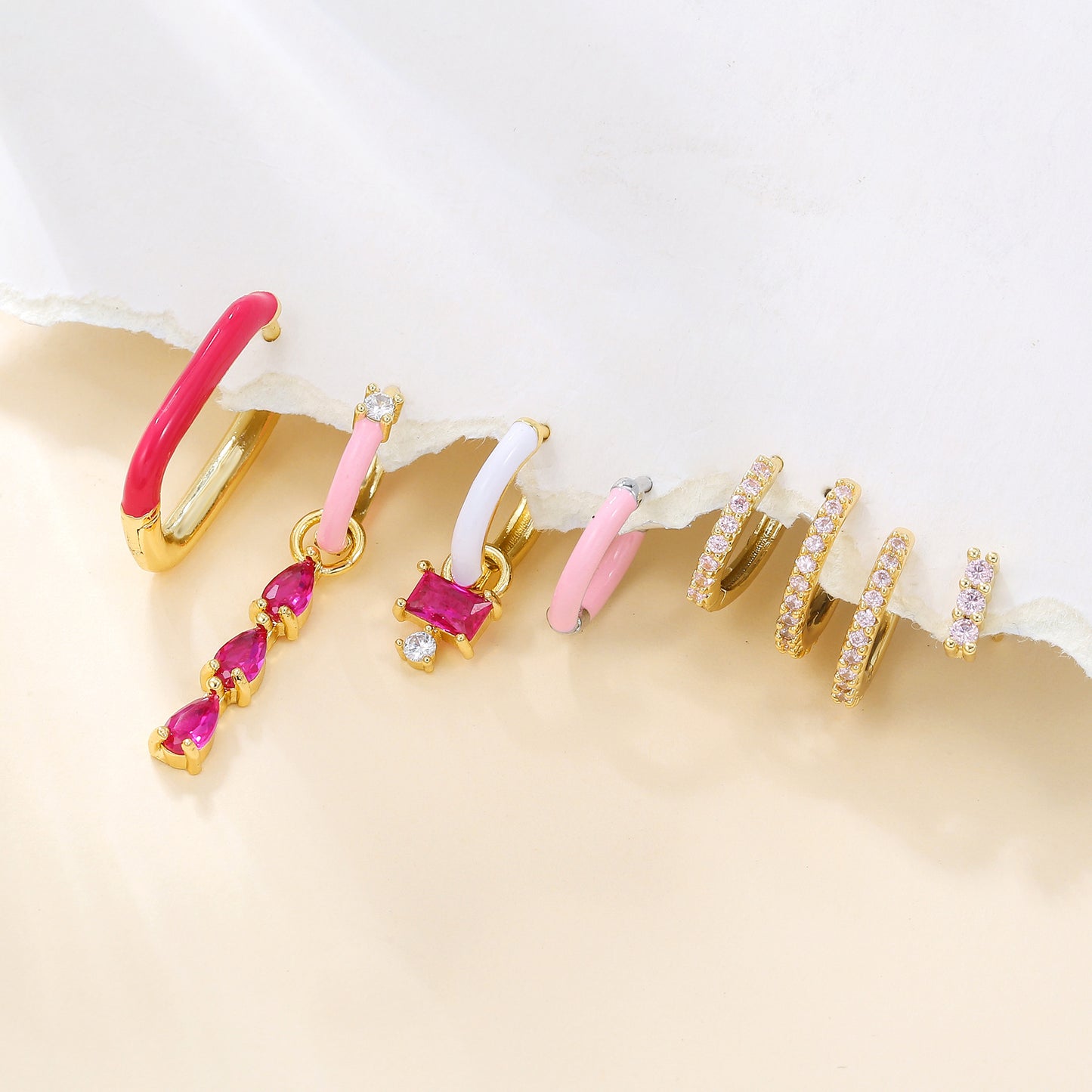 Sweet pink enamel gold plated copper huggie earrings set
