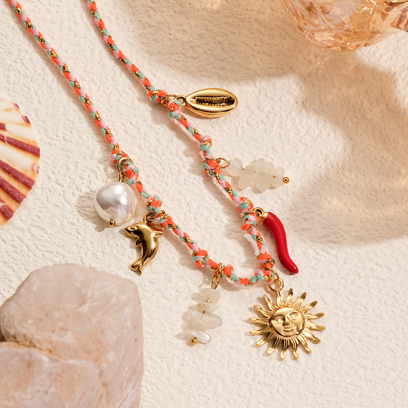 Summer Ocean Style Necklace Shell Pepper Dolphin Pearl charm stainless steel Necklace