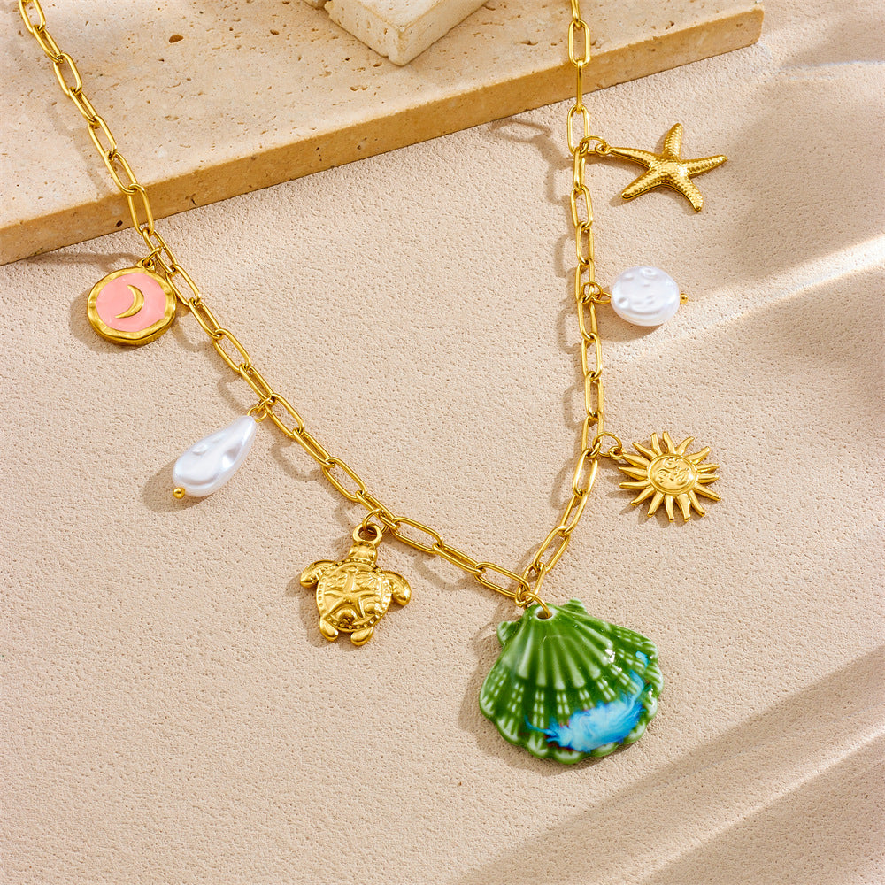 Scallop Starfish Turtle Sun Stainless Steel charm Marine Series Holiday necklace