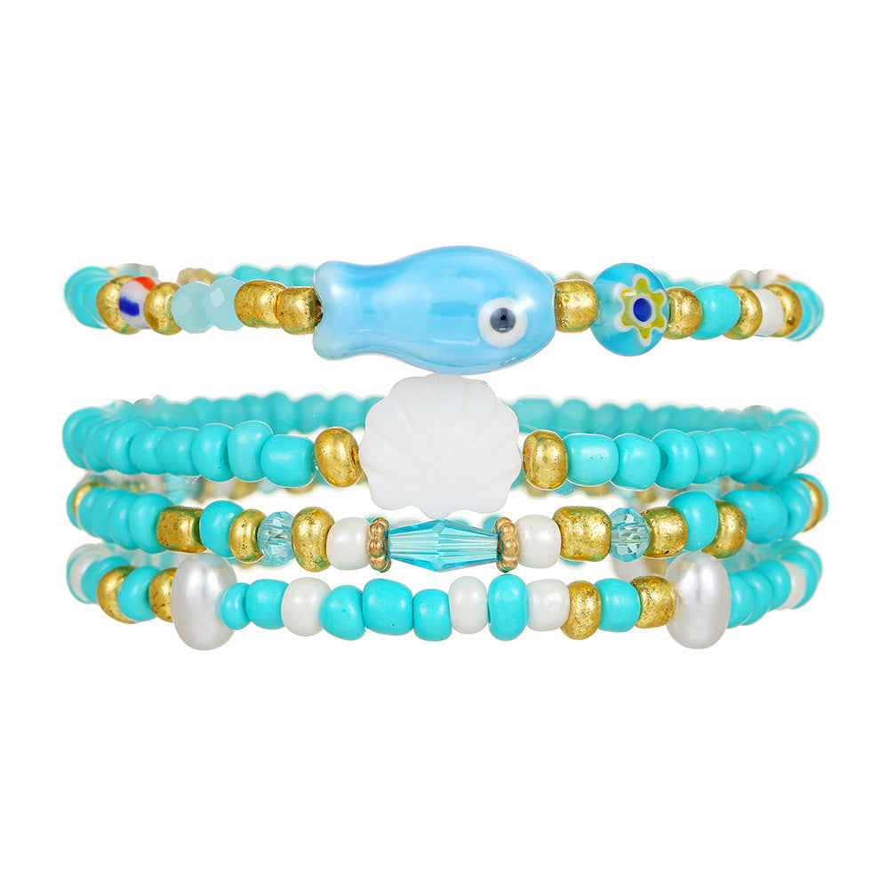 Bohemian Beach Vacation Bracelet Summer Ceramic Fish Shell Rice Bead Bracelet Multi-Layer Stacked Bracelet