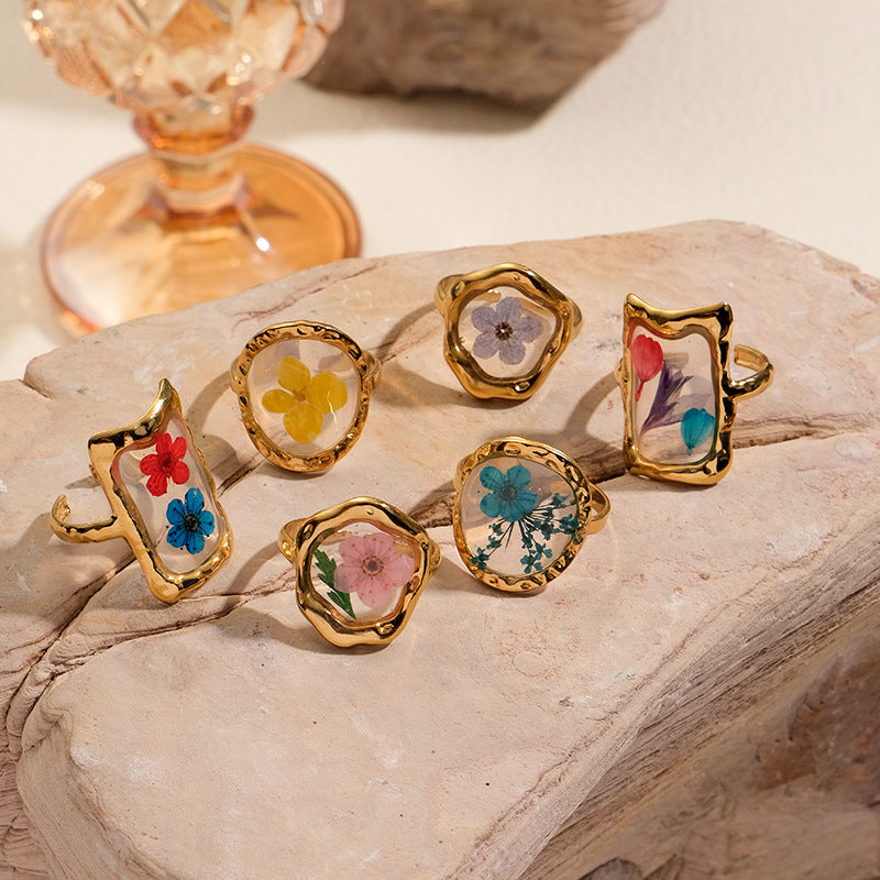 Fashion French Stainless Steel Dried Flower Ring transparent rings