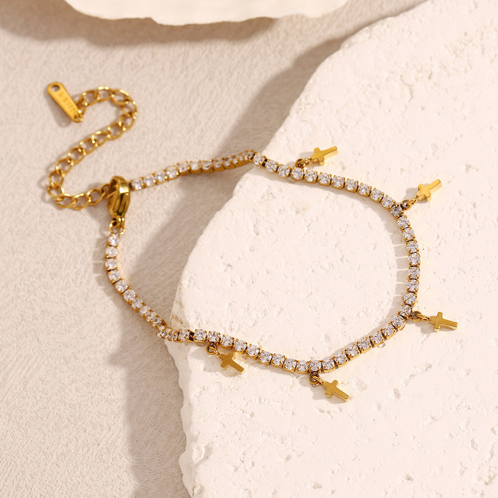 Luxury Stainless Steel Plated 18K Gold Drops Love Small Cross Zircon Bracelet Necklace for Women