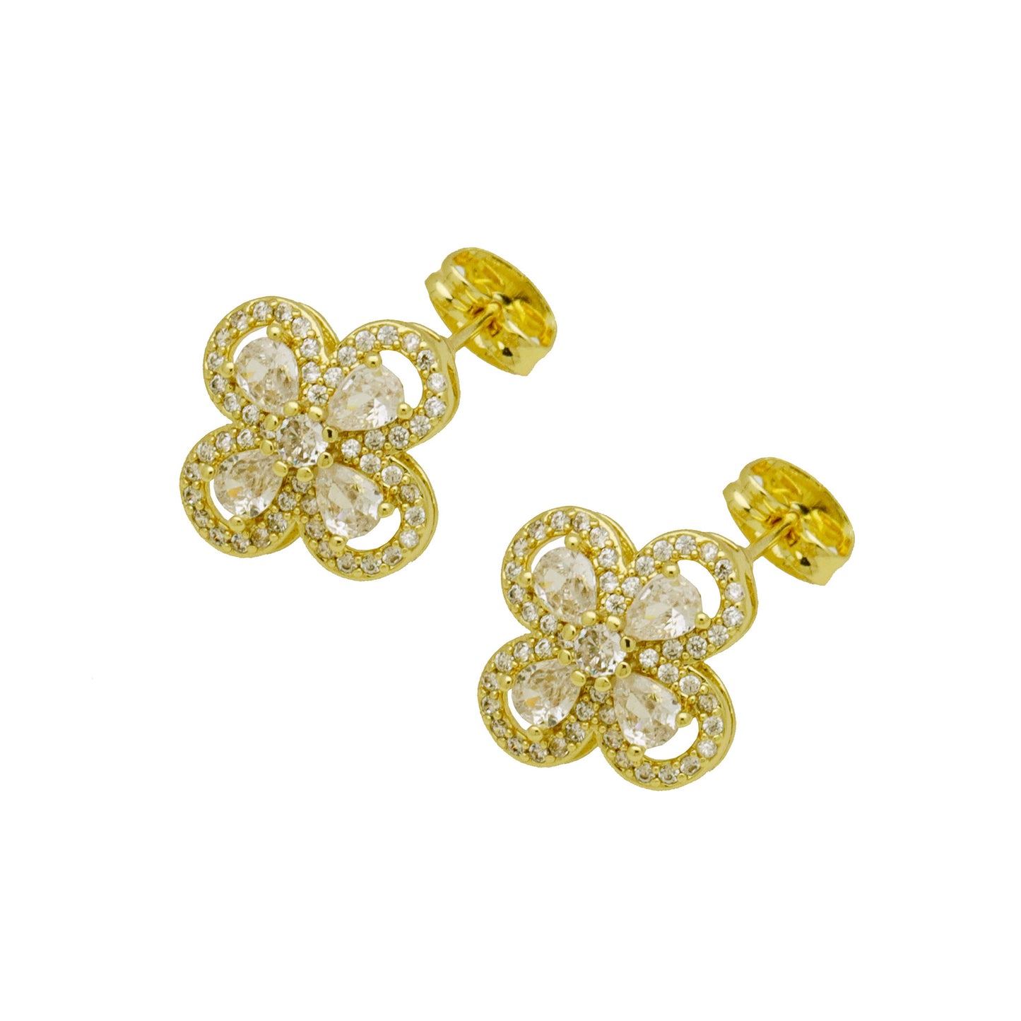 18K gold plated copper diamond clover flower studs earrings