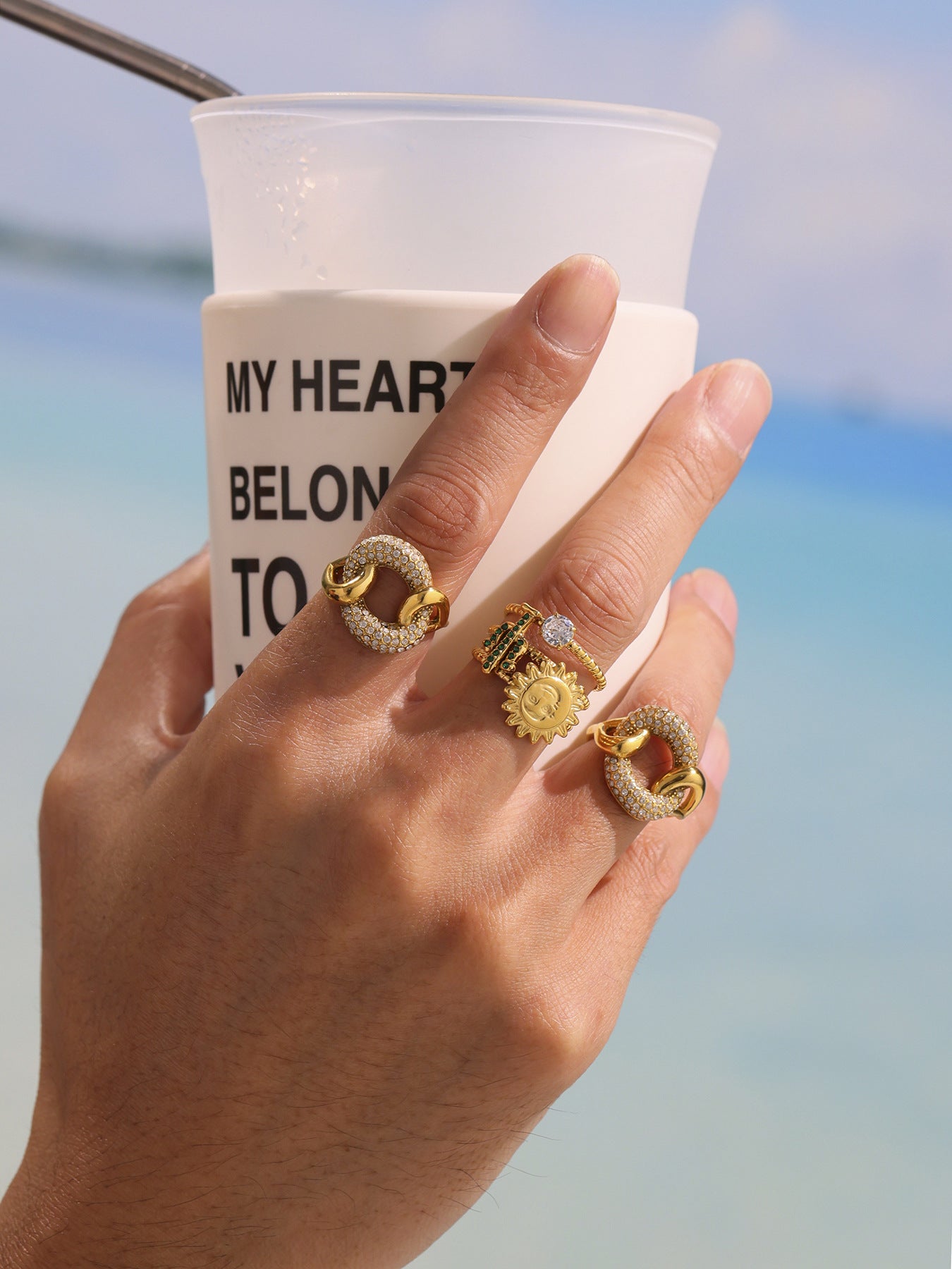 Set 24K gold plated cubic zircon inlaid chunky stainless steel rings