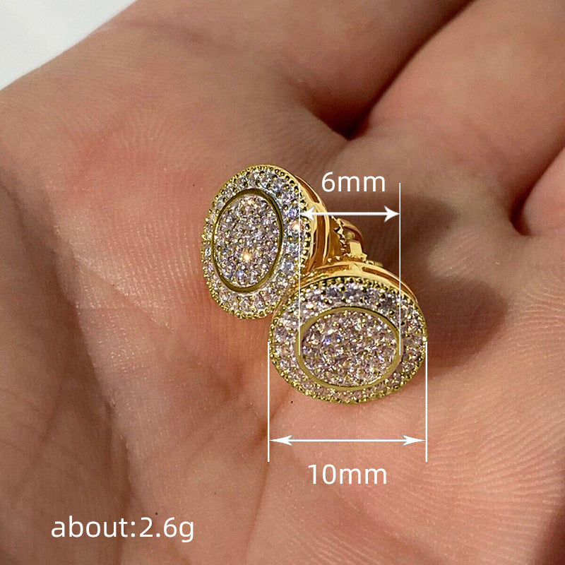 Hiphop full diamond copper material button studs earrings