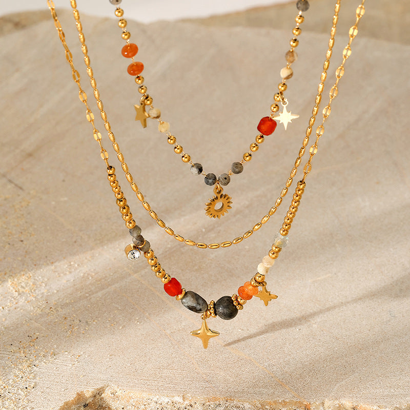 Multi-layer Color Natural Stone Star Sun Pendant Necklace stainless steel necklace