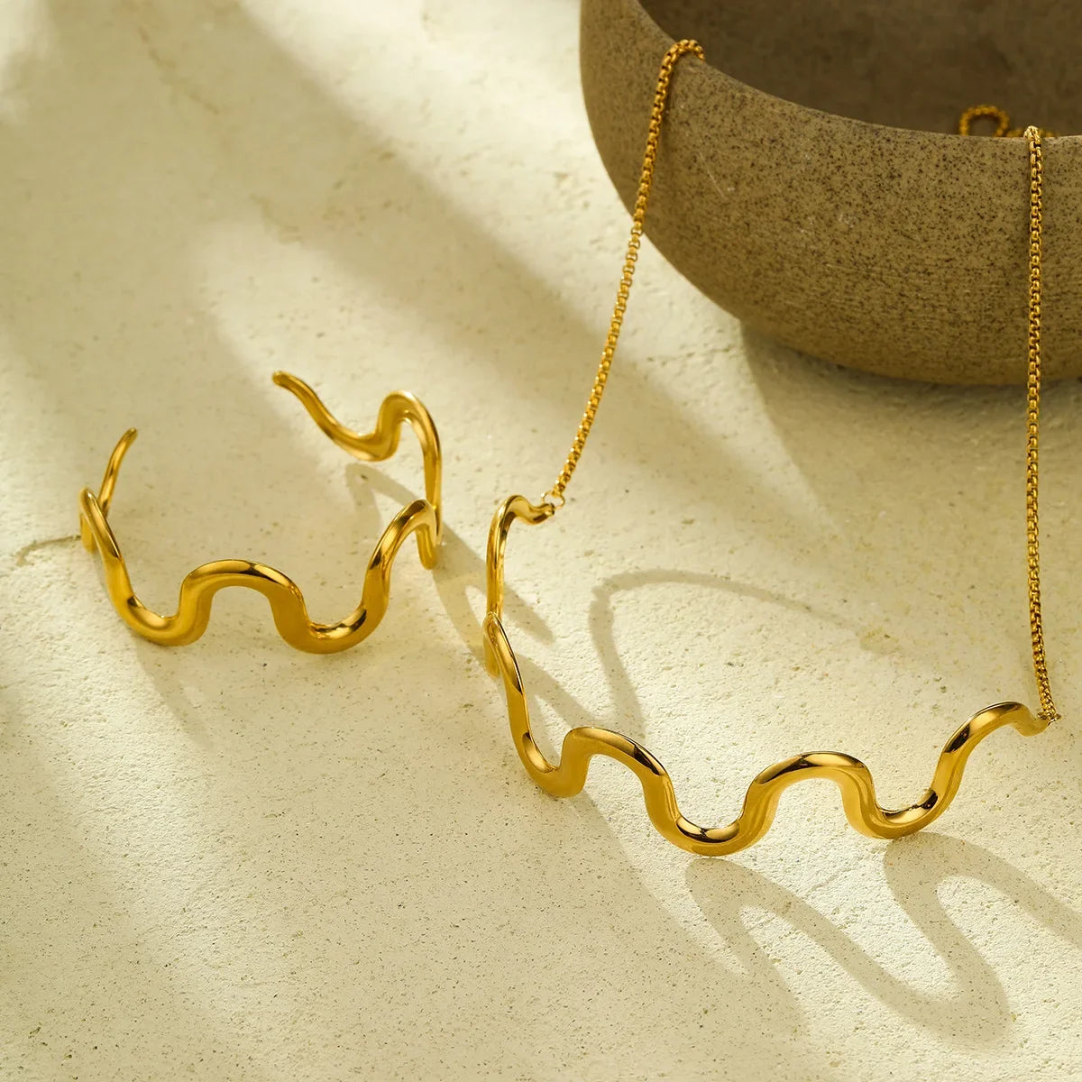 Simple wave shape stainless steel choker necklace bangle suit