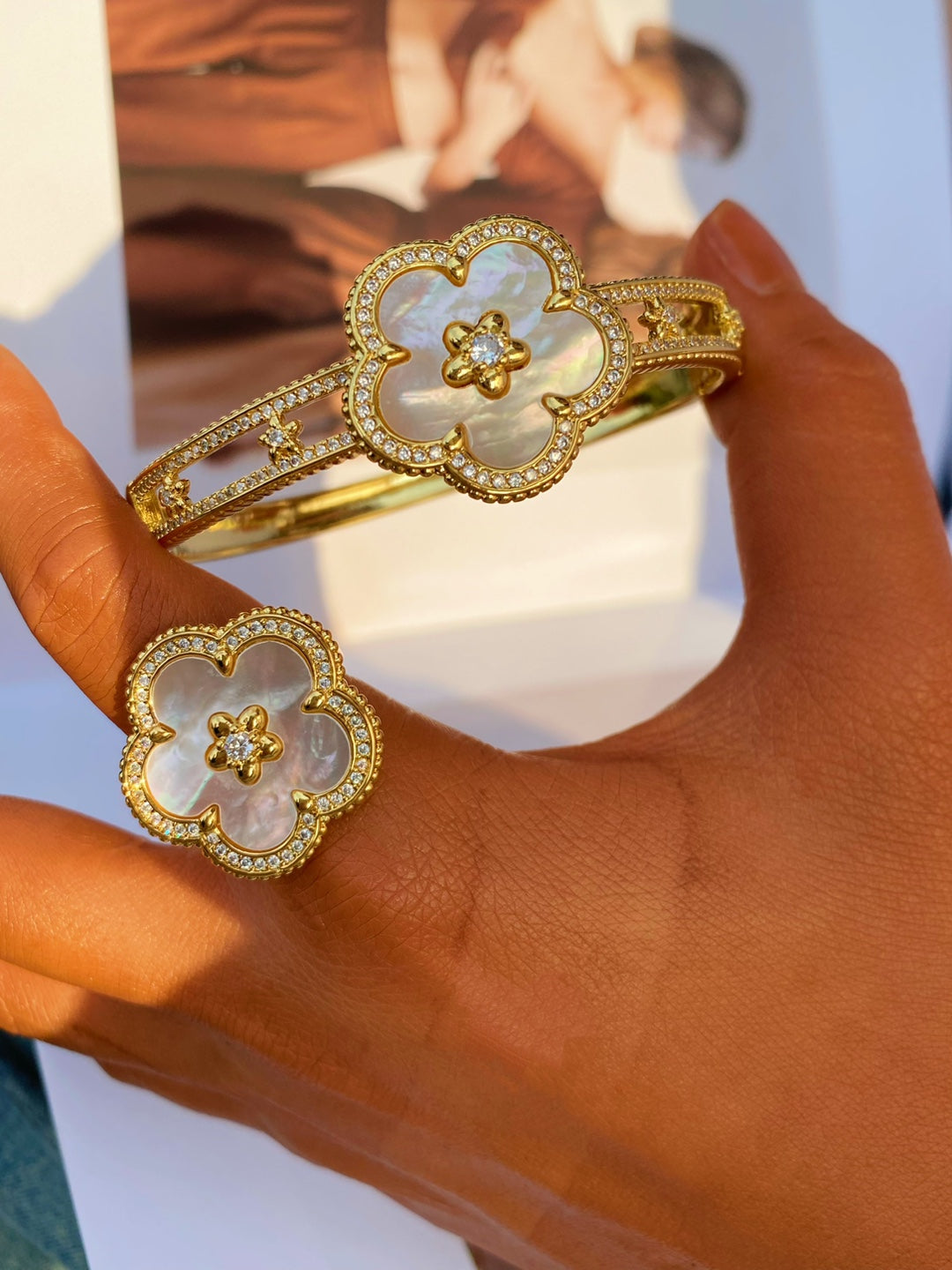 Natural Fritillaria Plum Blossom Ring Bracelet gold plated copper mother shell rings bangle suit