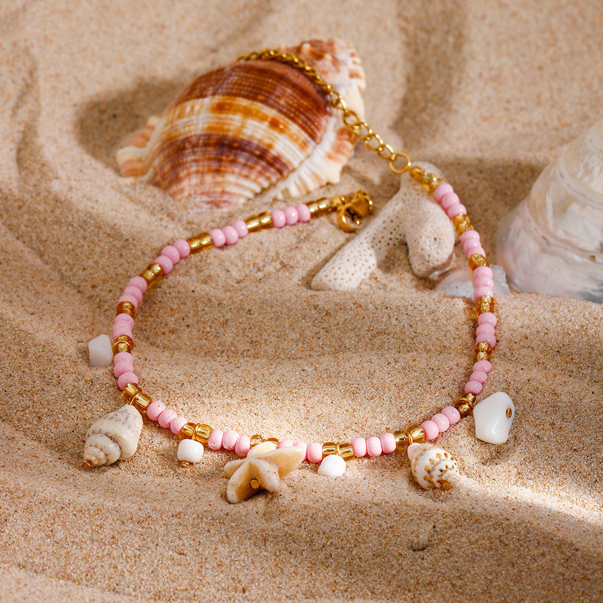 Beach trend pink color seed bead stainless steel anklet