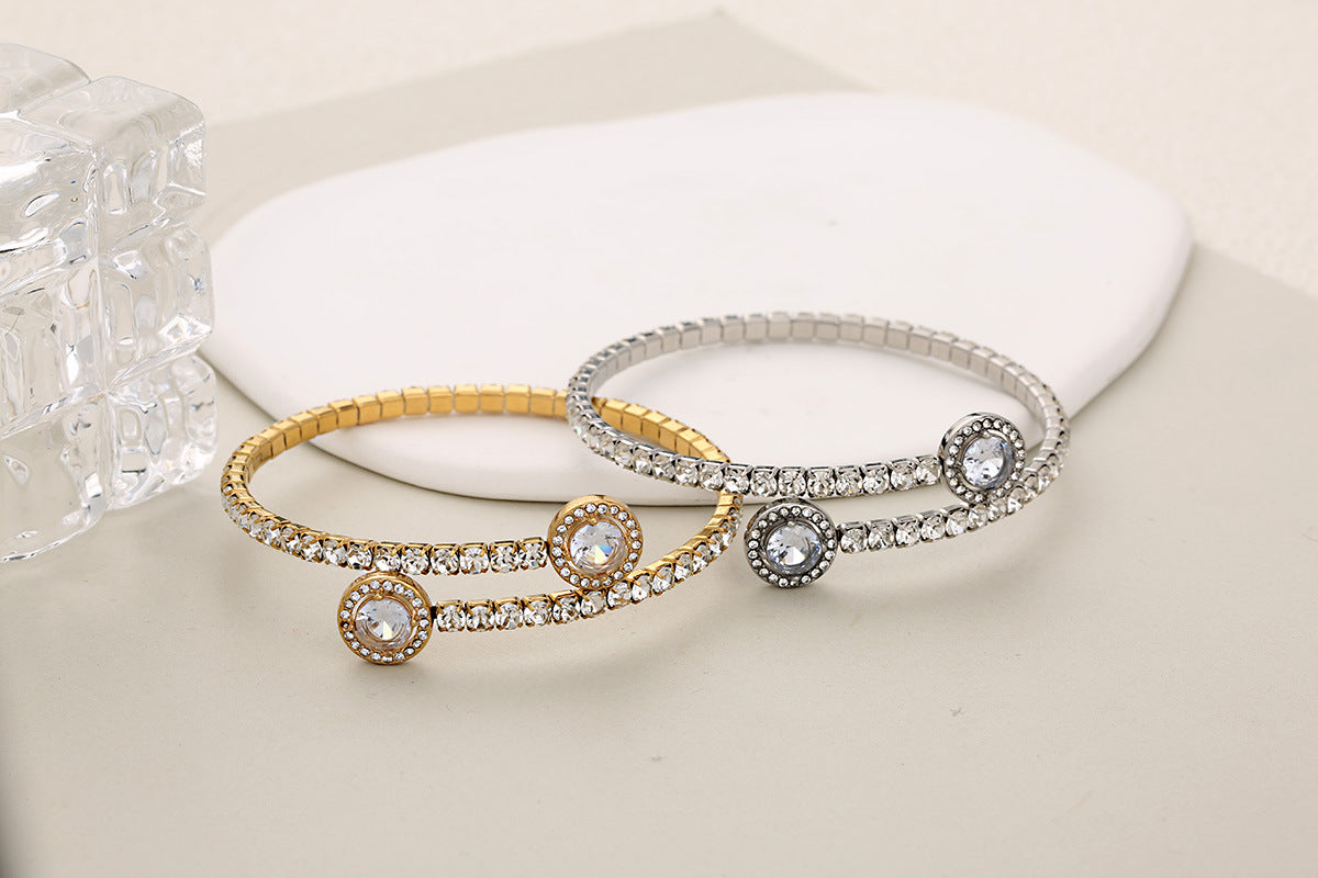 Fashion Single Row Crystal Zirconium Inlaid Round Full Diamond Open Claw Chain Stainless Steel Bracelet