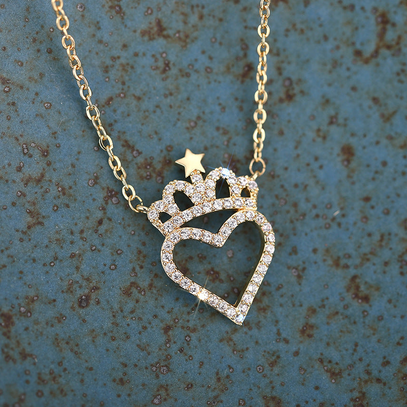 Hollow out heart crown full diamond dainty necklace copper necklace