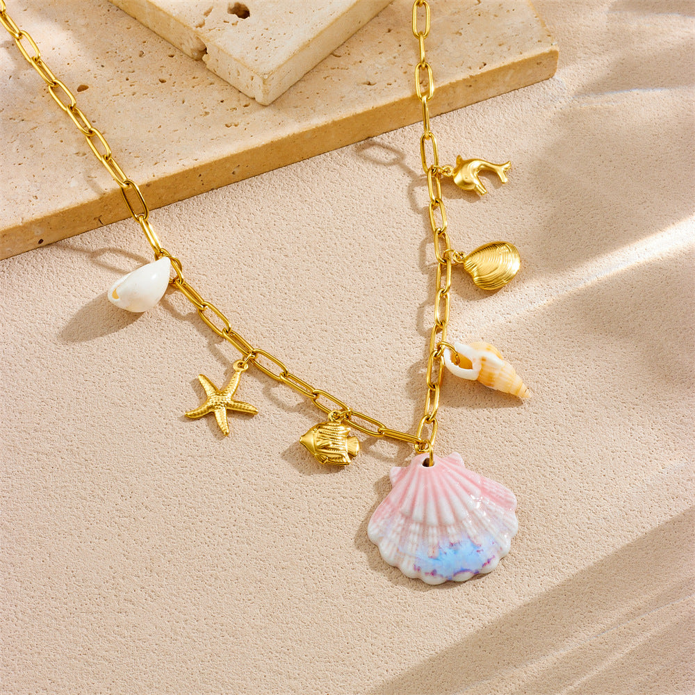 Marine Series Holiday Shell Conch Gold-Plated Starfish Dolphin Stainless Steel charm Necklace