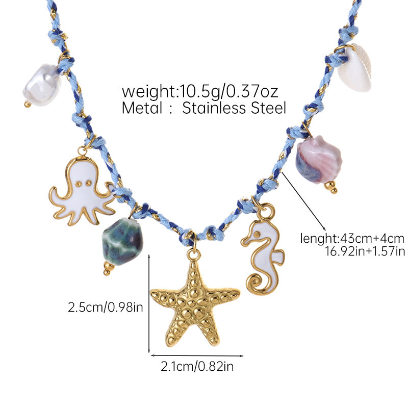 Summer Ocean Necklace for Women Colorful Stainless Steel enamel Starfish Seahorse Braided Rope Knot necklace