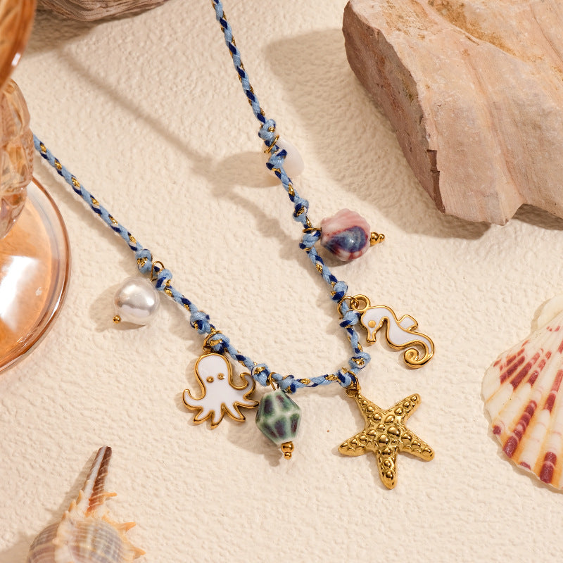 Summer Ocean Necklace for Women Colorful Stainless Steel enamel Starfish Seahorse Braided Rope Knot necklace