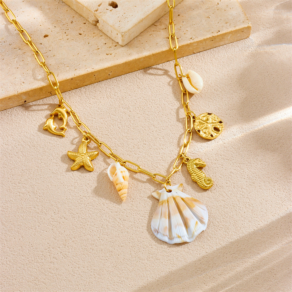 Ocean Series Scallop Seahorse Tropical Fish Starfish charm Stainless Steel Gold-Plated Necklace