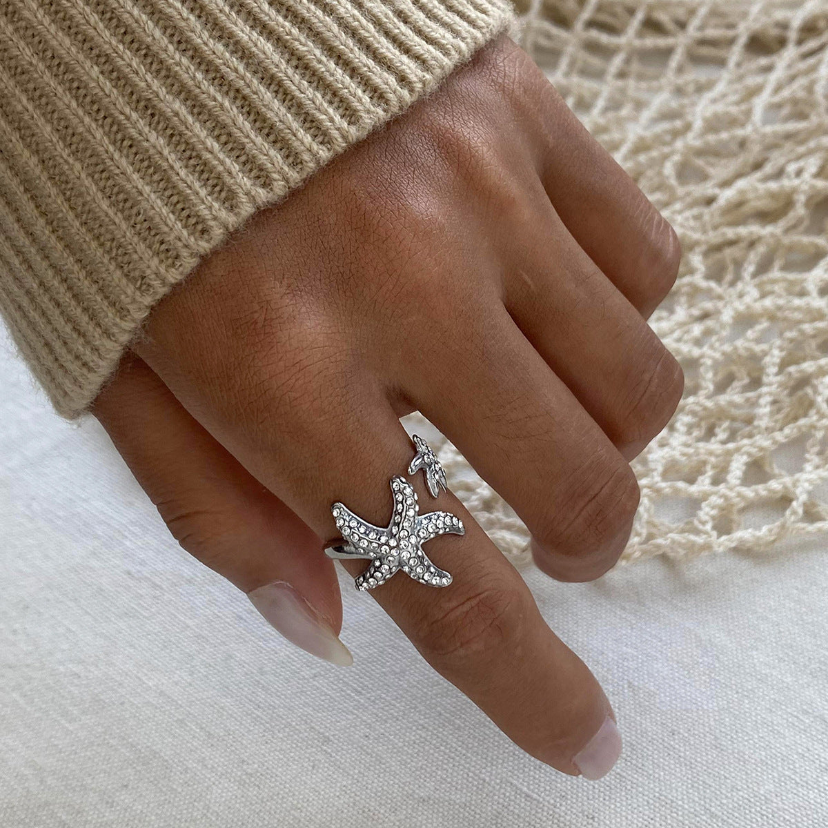 Ocean series diamond starfish stainless steel finger rings