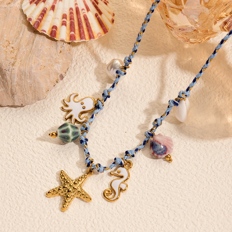 Summer Ocean Necklace for Women Colorful Stainless Steel enamel Starfish Seahorse Braided Rope Knot necklace
