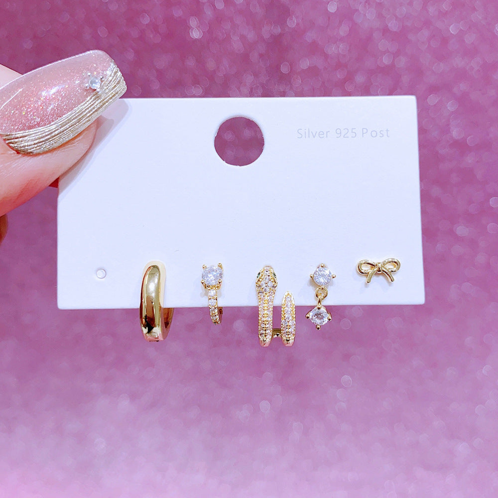 5pcs set diamond snake gold plated copper huggie earrings set