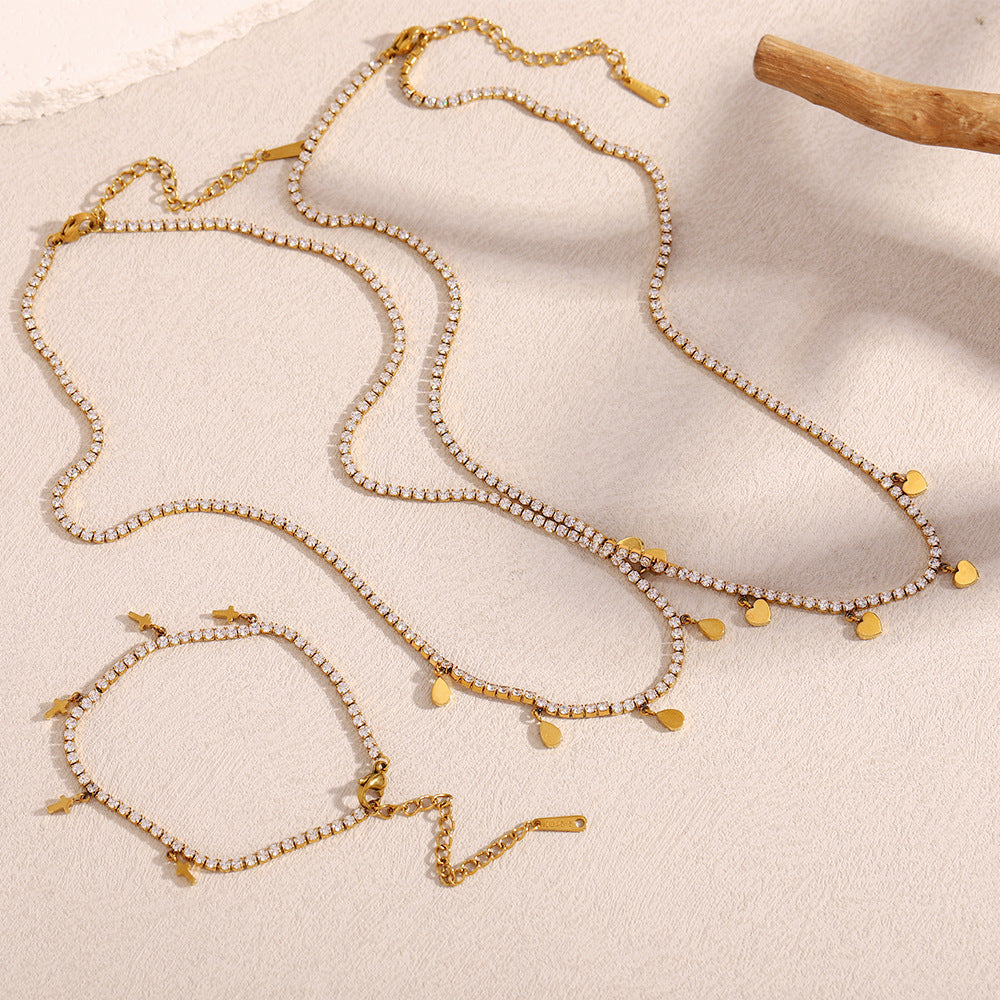 Luxury Stainless Steel Plated 18K Gold Drops Love Small Cross Zircon Bracelet Necklace for Women